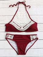 Romwe Burgundy Crochet Detail Vintage Bikini Set