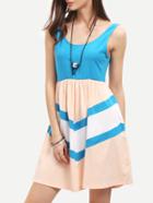 Romwe Color Block Pleated Scoop Neck U Back Dress