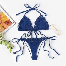 Romwe Scalloped Trim Crochet Top With Tie Side Bikini