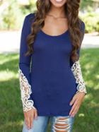 Romwe Contrast Lace Long Sleeve Slim Navy Blouse