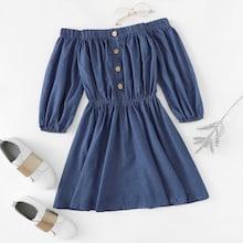Romwe Denim Off Shoulder Single Breasted Dress
