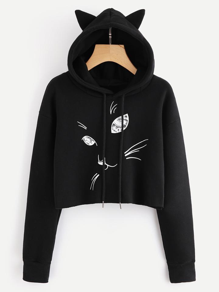 Romwe Cat Print Raw Hem Crop Hoodie