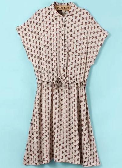 Romwe Stand Collar Paisley Print Beige Dress