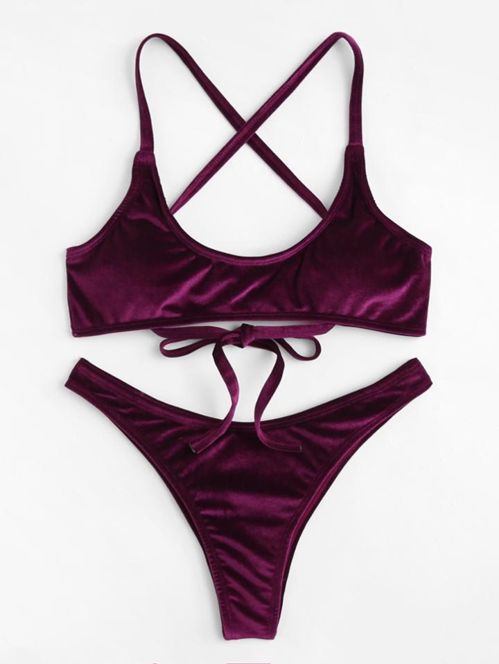 Romwe Cross Back Velvet Bikini Set