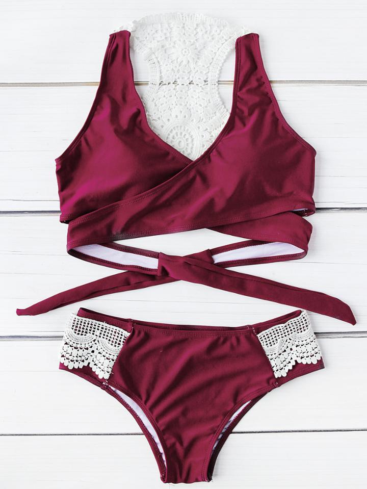 Romwe Lace Crochet Design Wrap Bikini Set