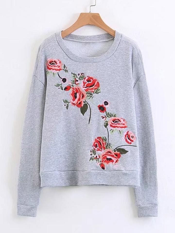 Romwe Embroidered Flower Drop Shoulder Sweatshirt