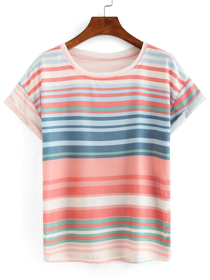 Romwe Rolled Sleeve Striped T-shirt