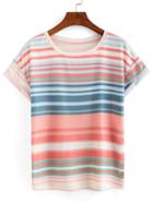 Romwe Rolled Sleeve Striped T-shirt