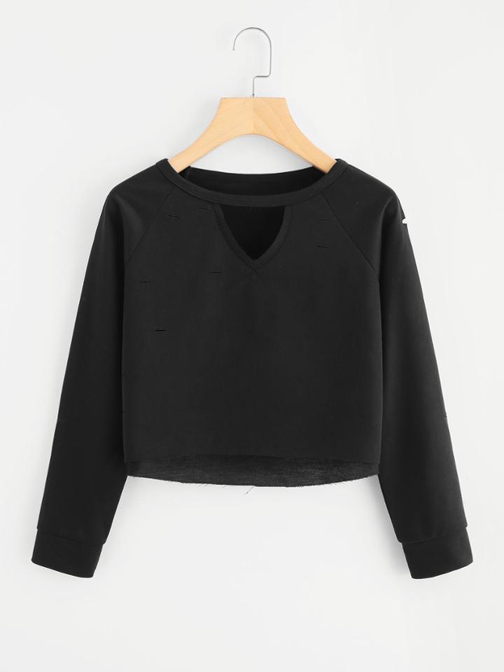 Romwe V Cut Neck Raw Hem Crop Sweatshirt