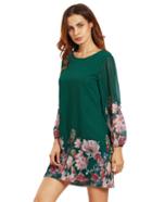 Romwe Green Lantern Sleeve Floral Shift Dress
