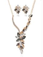 Romwe Leaf Shaped Rhinestone Pendant Necklace & Earring Set