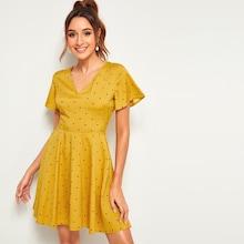 Romwe Polka Dot V-neck Zipper Back Dress