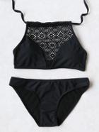 Romwe Black Hollow Out Detail Halter Bikini Set