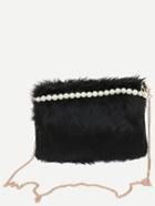 Romwe Black Beaded Faux Fur Clutch With Chain Strap