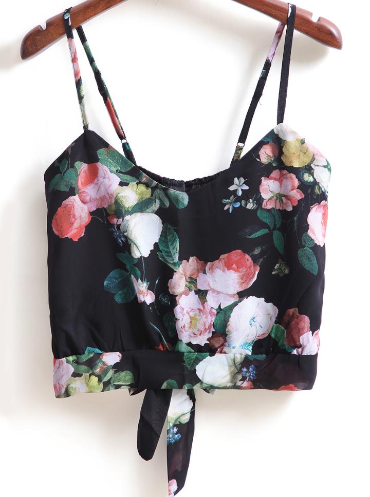 Romwe Black Spaghetti Strap Floral Knotted Cami Top