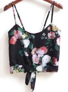 Romwe Black Spaghetti Strap Floral Knotted Cami Top