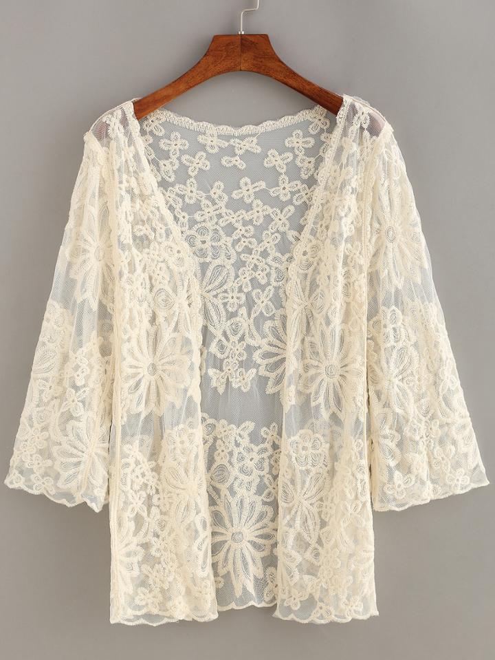 Romwe Embroidery Mesh Open-front Top
