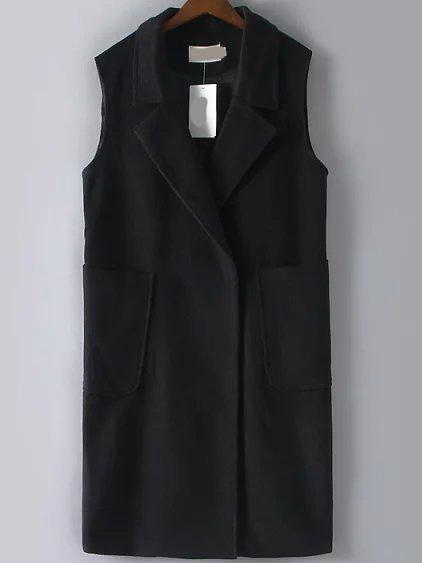 Romwe Lapel Split Back Black Vest With Pockets