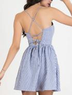 Romwe Blue Spaghetti Strap Vertical Striped Lace Up A-line Dress