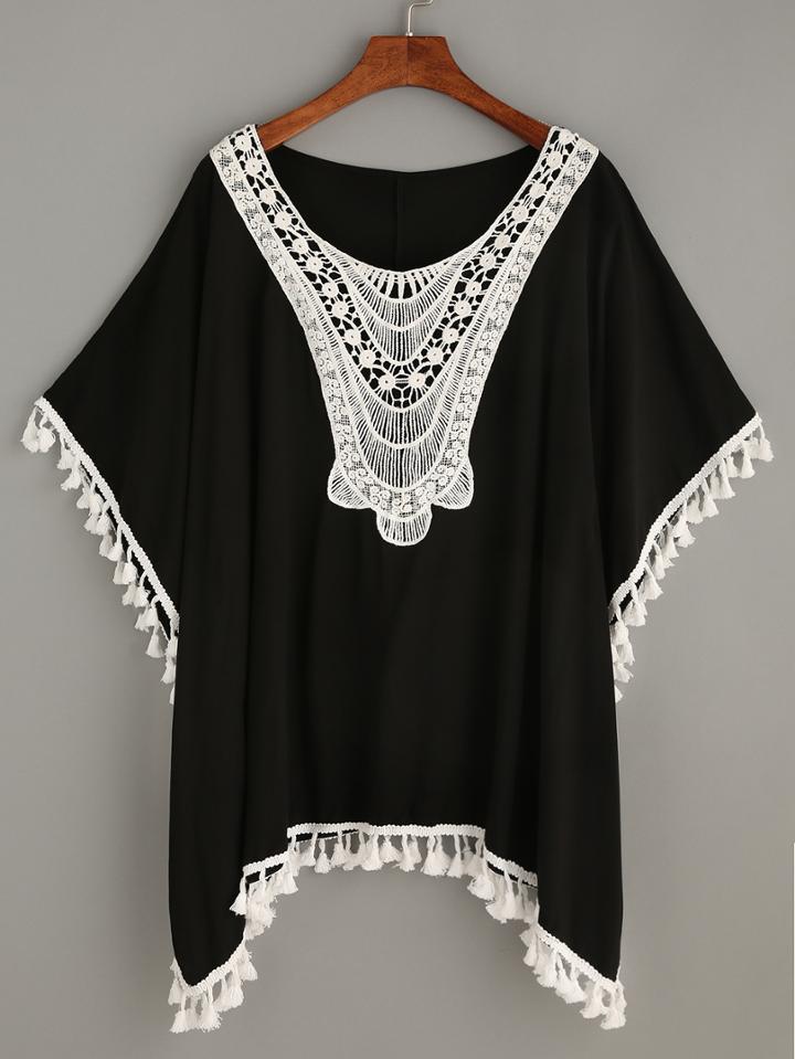 Romwe Black Crochet Insert Tassel Trim Blouse