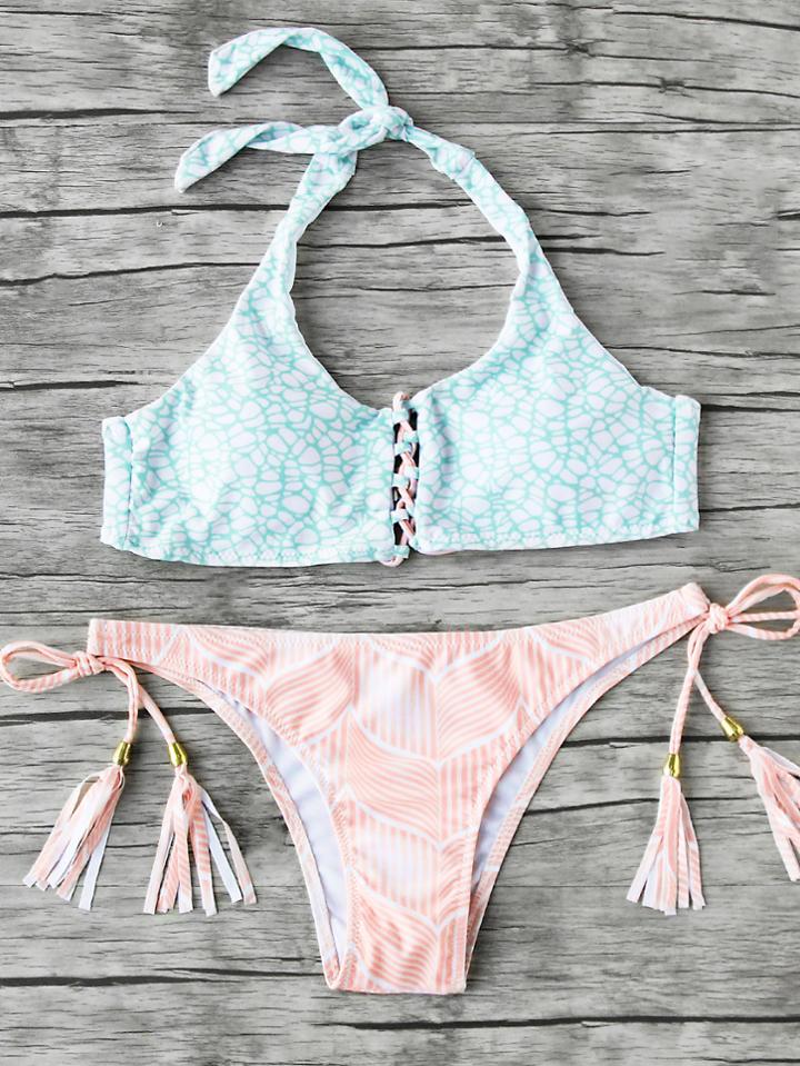 Romwe Tassel Tie Mix & Match Bikini Set