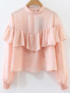 Romwe Pink Ruffle Detail Crew Neck Blouse