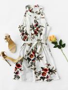 Romwe Halter Neck Floral Print Random Dress With Belt