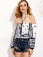 Romwe Navy Flower Print Off The Shoulder Blouse