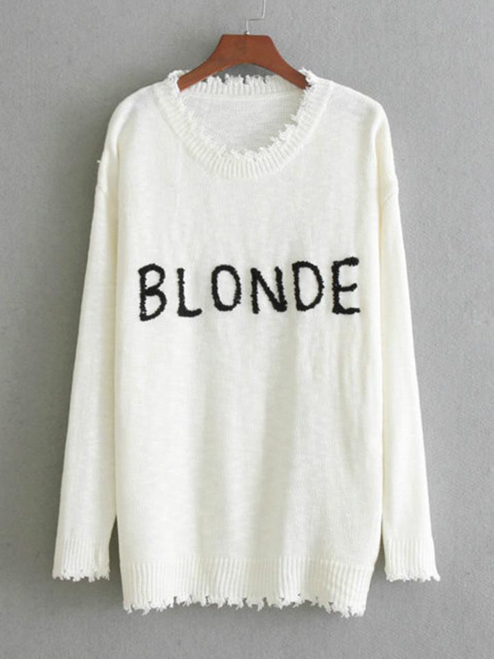 Romwe Ripped Trim Slogan Sweater