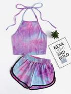Romwe Halter Neck Water Color Crop Top With Ringer Shorts
