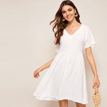 Romwe Solid V-neck Smock Dress
