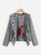 Romwe Embroidered Flower Patch Frilled Plaid Top