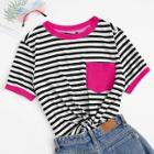 Romwe Pocket Patch Striped Ringer Tee
