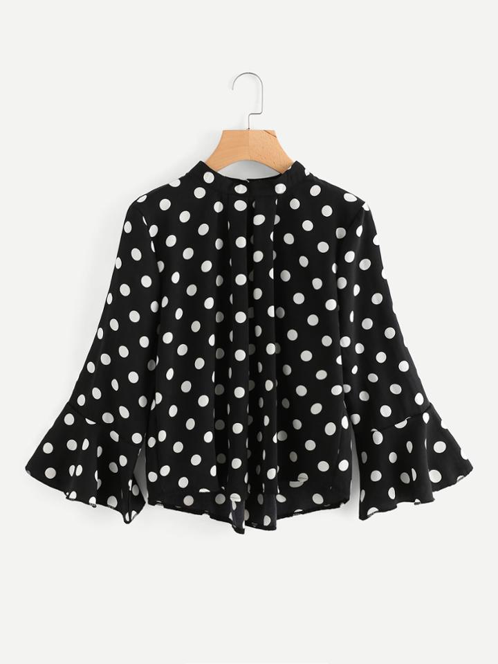 Romwe Fluted Sleeve Pleated Detail Spot Blouse