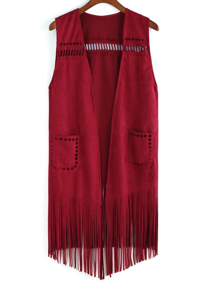 Romwe Tassel Hollow Pockets Vest