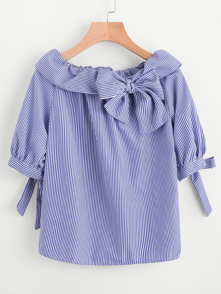 Romwe Fold Over Neckline Pinstripe Bow Tie Detailed Top