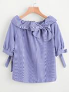 Romwe Fold Over Neckline Pinstripe Bow Tie Detailed Top