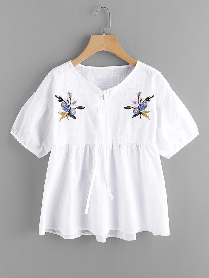 Romwe Symmetric Embroidery Smock Blouse
