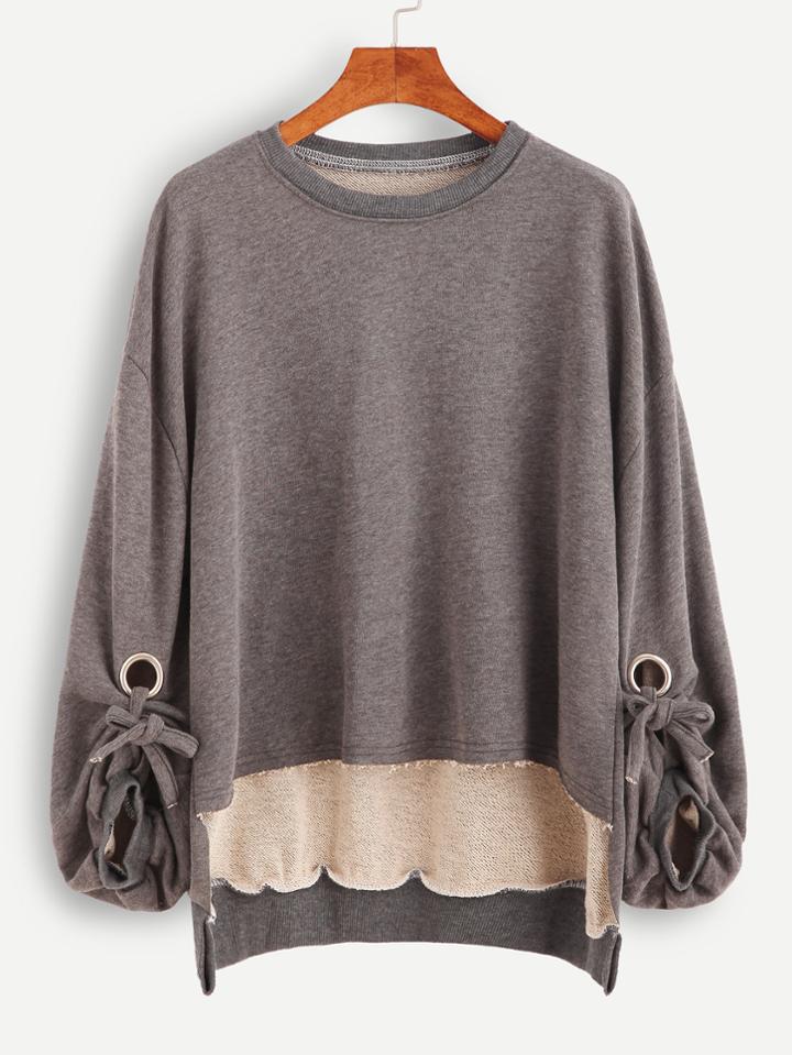 Romwe Drop Shoulder High Low Metal Eyelet Tie Sleeve Sweatshirt