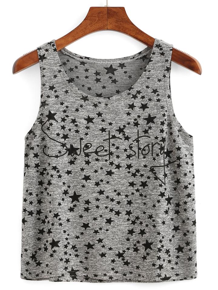 Romwe Letter & Stars Print Tank Top
