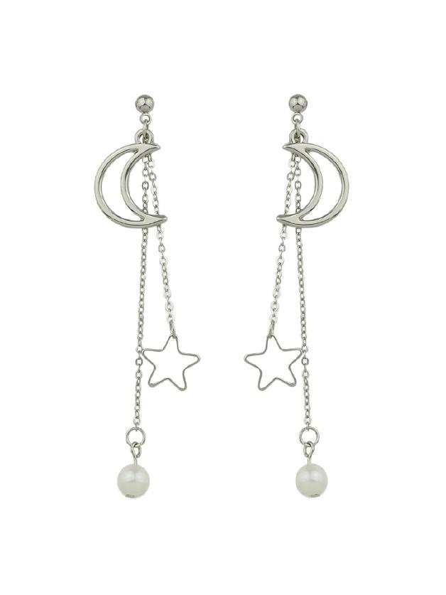 Romwe Silver Long Chain Hanging Earrings Moon Star Shape