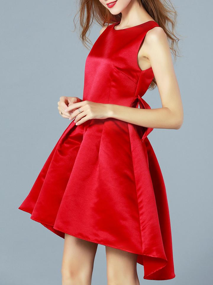 Romwe Red Round Neck Sleeveless Bow High Low Dress
