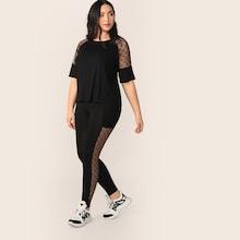 Romwe Plus Star Mesh Insert Sleeve Top & Leggings Set