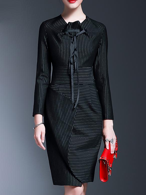 Romwe Black Tie Neck Striped Sheath Dress