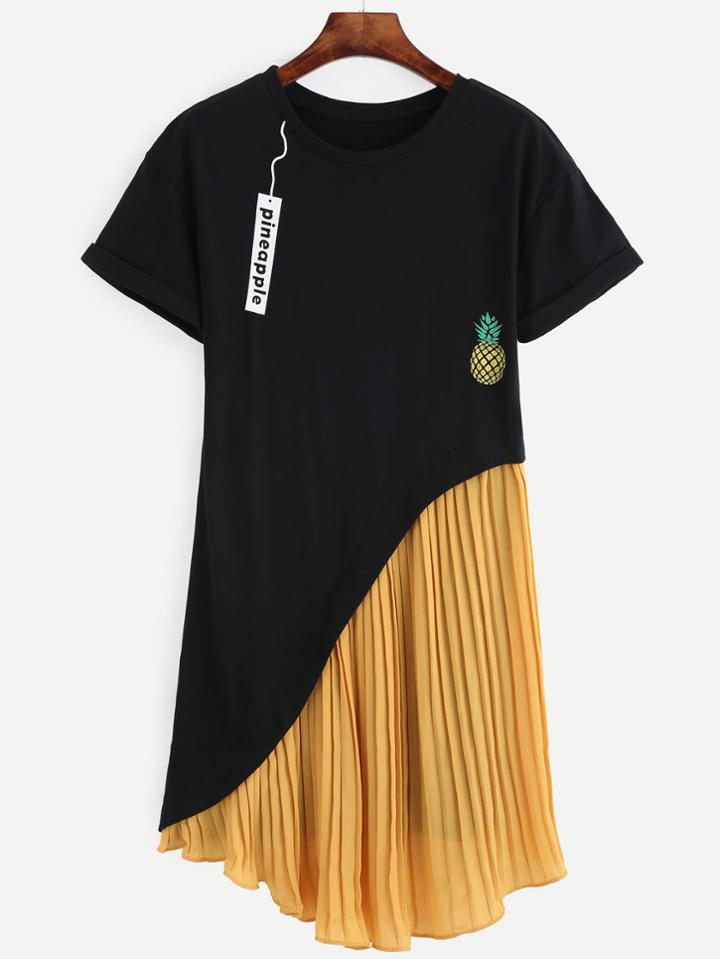 Romwe Black Pineapple Print Asymmetrical Dress With Contrast Pleated Trim