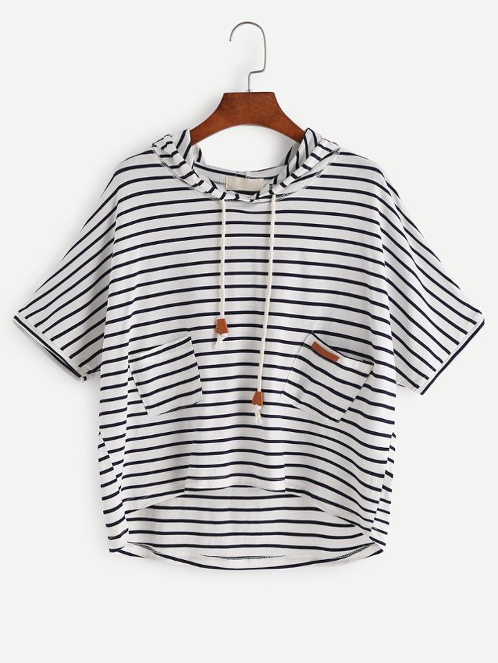 Romwe Striped High Low Hooded T-shirt
