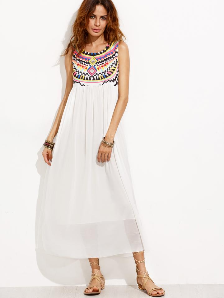 Romwe White Tribal Print Chiffon Dress