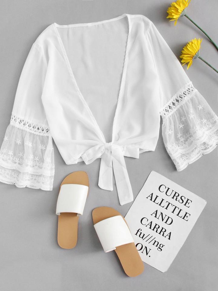 Romwe Sheer Mesh Sleeve Knot Front Top