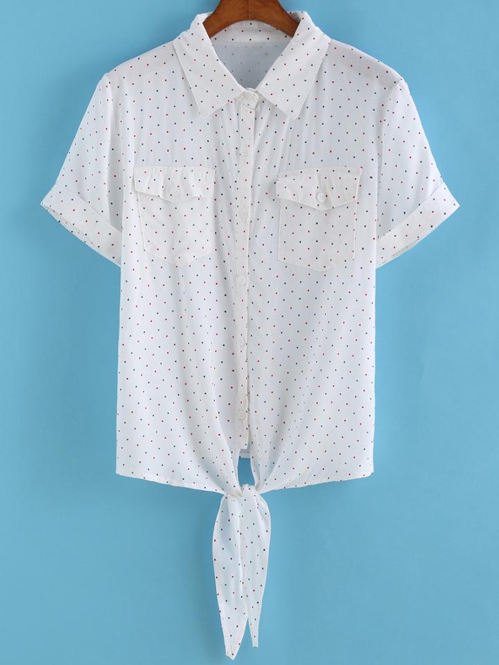 Romwe Lapel With Pockets Knotted Polka Dot Blouse