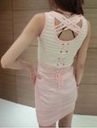 Romwe Striped Back Bandage Slim Pink Dress